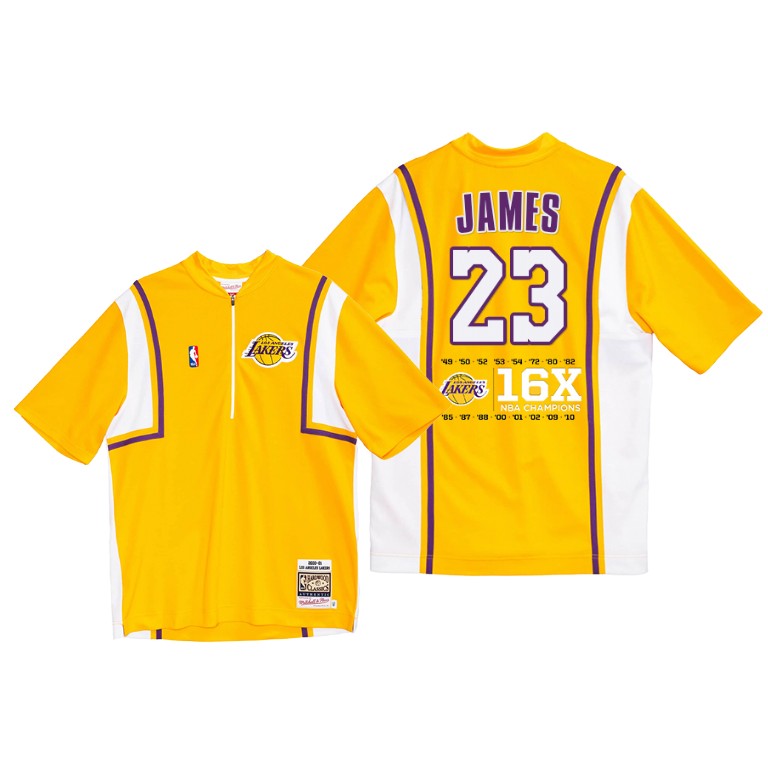 Men's Los Angeles Lakers LeBron James #23 NBA Shooting 36526 Classic 16X Authentic Finals Champions Gold Basketball T-Shirt EEZ1783TB